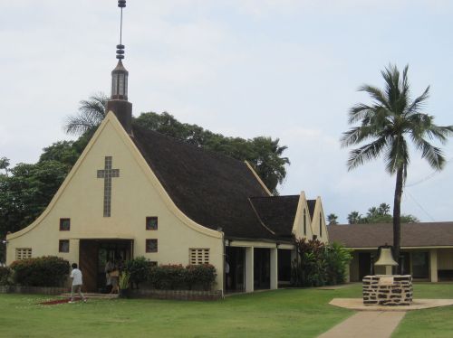 A unique church building with a thatched roof, cross, and palm trees in a grassy area.