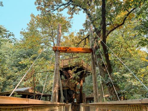 A wooden treehouse surrounded by lush green trees, featuring a rope bridge and stairs leading up.