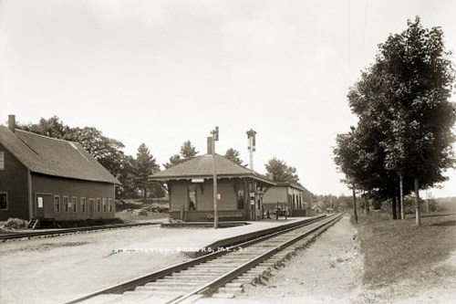 Black and white photo of a train station with a platform, tracks, and nearby buildings surrounded by trees.
