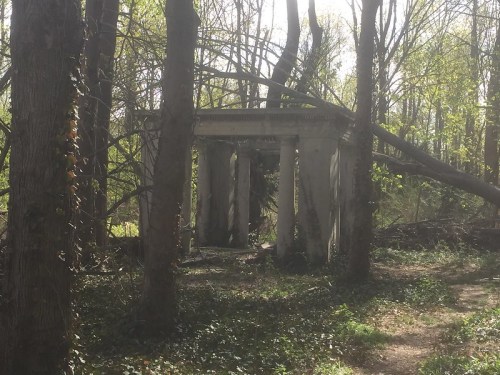 A weathered stone structure with columns, surrounded by trees and overgrown vegetation in a sunlit forest.