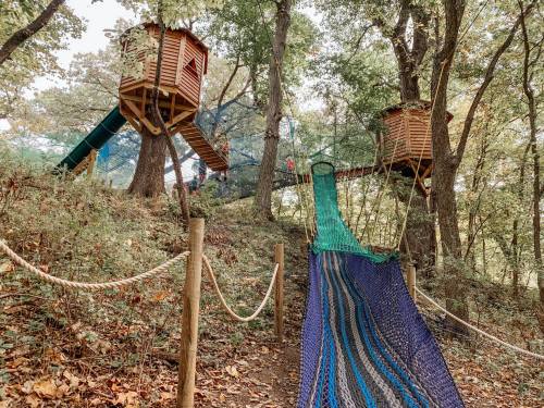 Two treehouses connected by a bridge, with a colorful rope slide in a wooded area. Children are playing nearby.