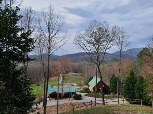 Scenic view of a rustic cabin surrounded by trees and mountains under a cloudy sky.