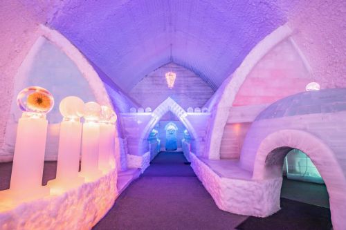 A colorful ice cave with illuminated sculptures and an igloo, featuring soft purple and blue lighting.