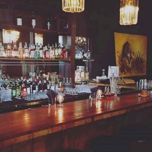 A stylish bar with a wooden counter, shelves of liquor, and warm lighting, featuring a lion painting on the wall.