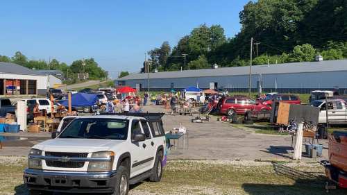 A bustling outdoor flea market with various stalls, tents, and shoppers, surrounded by greenery and parked vehicles.