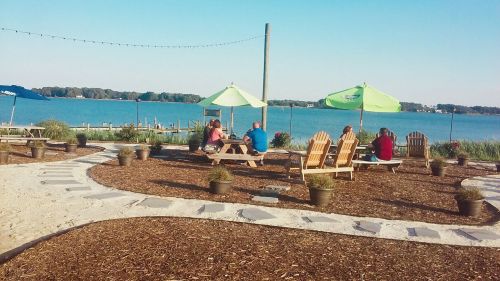 A scenic outdoor area by the water with people sitting at tables under umbrellas, surrounded by greenery and pathways.