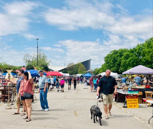 A bustling outdoor market with people browsing stalls, tents, and a dog walking along the path under a blue sky.