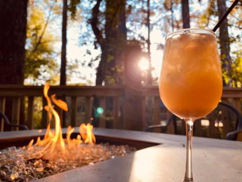 A cocktail glass sits beside a fire pit, with sunlight filtering through trees in the background.
