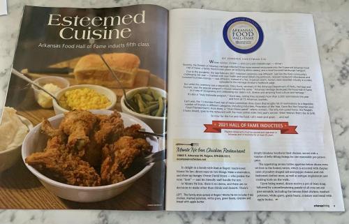 A magazine page featuring fried chicken, sides, and an article about the Arkansas Food Hall of Fame inductees.