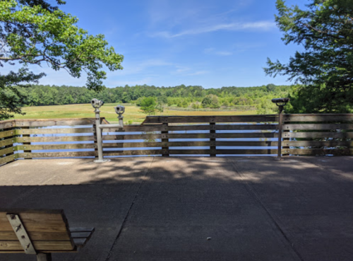 A scenic view of a river and green landscape from a wooden observation deck with binoculars.