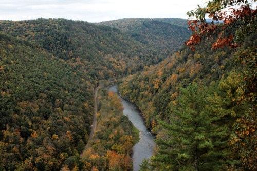 A scenic view of a winding river surrounded by lush, colorful autumn foliage in a mountainous landscape.