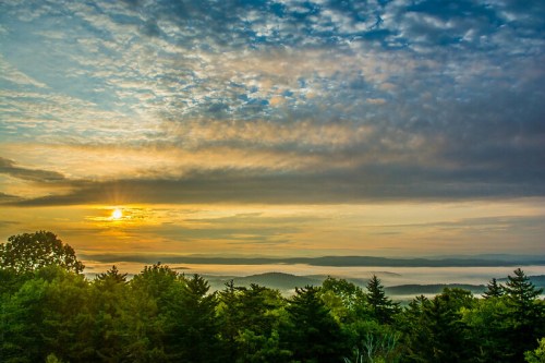 A serene sunrise over a misty valley, with vibrant clouds and silhouetted trees in the foreground.