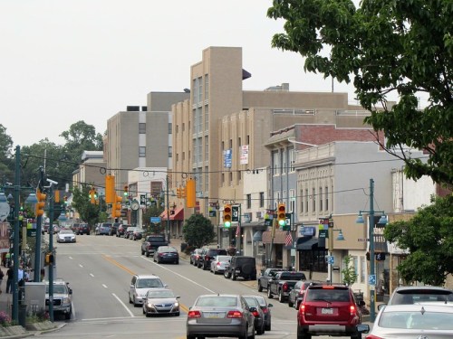 A busy street lined with shops and cars, featuring traffic lights and buildings in a small town setting.
