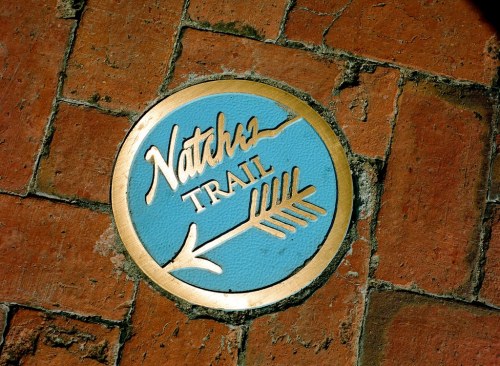 A circular blue and gold marker on brick pavement, indicating the Natchez Trail with an arrow design.