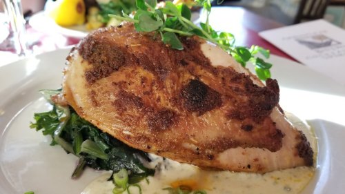 A beautifully plated dish featuring a large, crispy chicken breast on a bed of greens, garnished with fresh herbs.