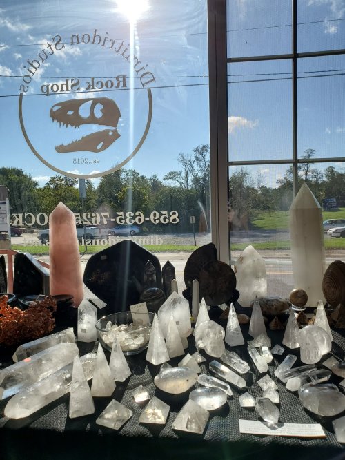 A display of various crystals and gemstones in a shop window, with trees and a road visible outside.