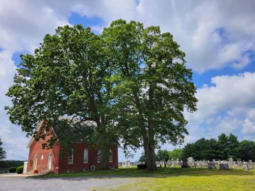 A red brick church with two large trees beside it, surrounded by a grassy area and a cemetery in the background.