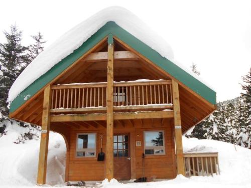A cozy wooden cabin with a green roof, surrounded by snow and trees, featuring a balcony and large windows.