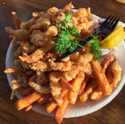 A plate of crispy fried calamari and golden French fries, garnished with a lemon wedge and parsley.