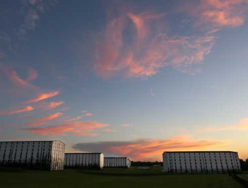 Sunset sky with pink clouds over modern buildings in a grassy area.