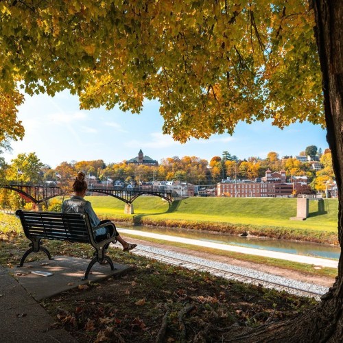 A person sits on a bench under colorful autumn leaves, overlooking a river and a scenic town in the background.