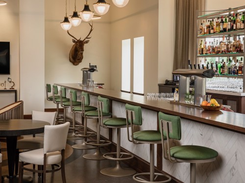 A stylish bar with green stools, a mounted deer head, and shelves stocked with various bottles in a modern setting.