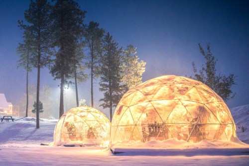 Two illuminated geodesic domes in a snowy landscape, surrounded by tall trees, under a night sky.