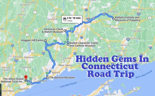 Map showing a road trip route in Connecticut, highlighting attractions like the Barnum Museum and the Glass House.