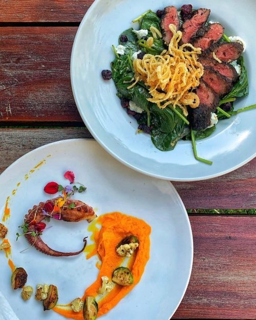 Two elegantly plated dishes: one with sliced steak on spinach and the other featuring octopus with vibrant sauce and vegetables.