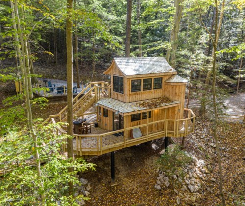 A wooden treehouse nestled among trees, featuring a deck and surrounded by autumn foliage.