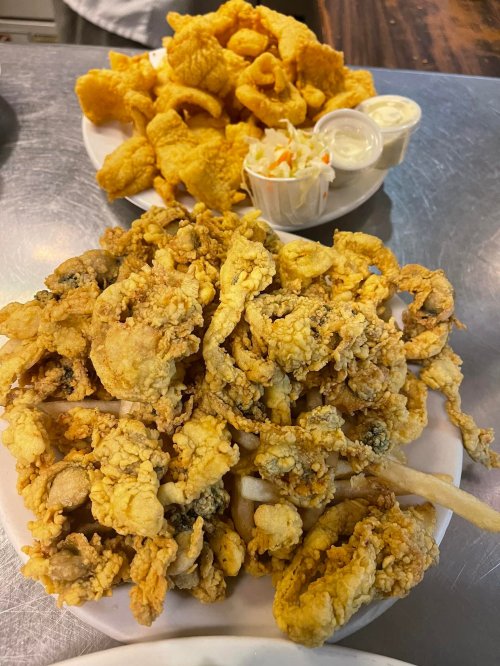 Two plates of fried food: one with crispy fried chicken and fries, the other with fried snacks and coleslaw.