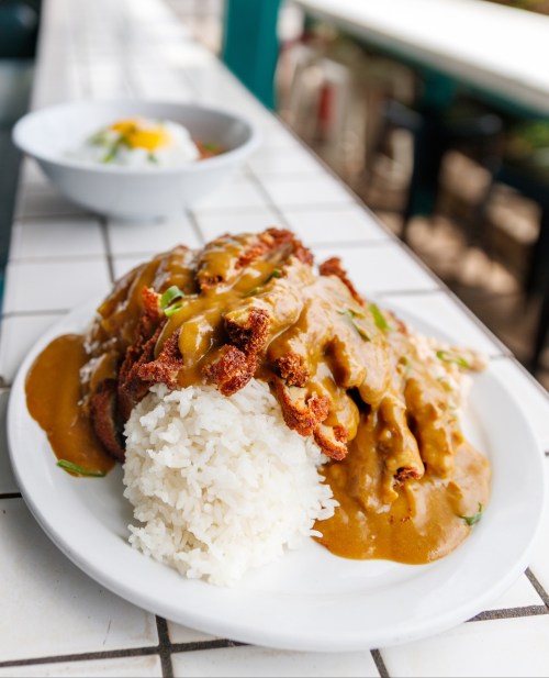 A plate of crispy fried chicken over rice, topped with a rich, creamy sauce and garnished with green onions.