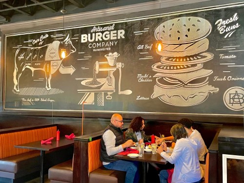 A group dining at a restaurant with a large mural of burgers and ingredients on the wall.