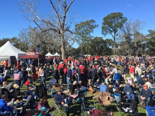 A large crowd gathers at an outdoor event, with people sitting in chairs and tents in a sunny park setting.