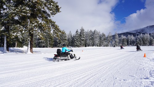 A person rides a snowmobile on a snowy trail surrounded by trees and mountains under a clear blue sky.