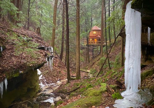 A serene forest scene with a wooden cabin in the background, surrounded by trees and icicles hanging from rocks.