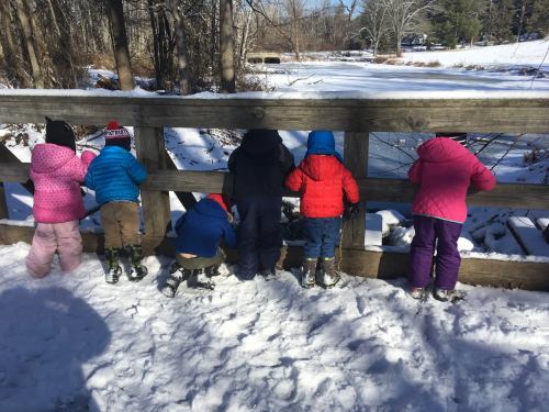 Children in colorful winter coats lean over a wooden railing, looking at a snowy landscape with a frozen pond.