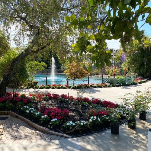 A serene garden with colorful flowers, a fountain, and a tranquil pond in the background under a clear blue sky.