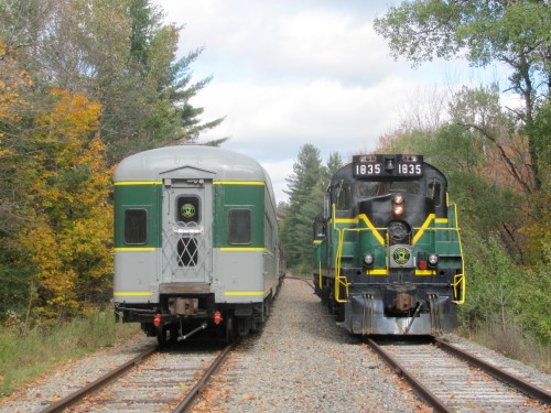 A vintage train engine and passenger car on parallel tracks surrounded by autumn foliage.