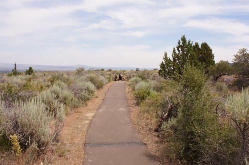 A paved path winds through a grassy landscape with shrubs and trees under a cloudy sky.