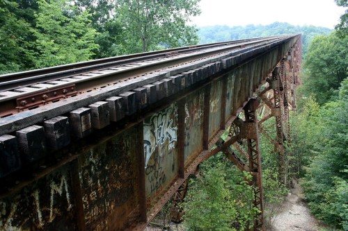 A rusted railway bridge spans a lush green landscape, with trees surrounding the structure and graffiti on the beams.