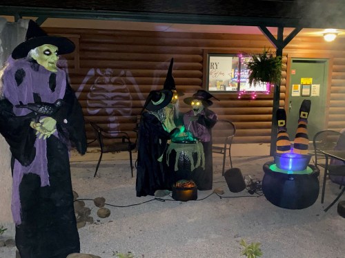Three witches with glowing eyes gather around a bubbling cauldron, set against a rustic wooden backdrop. Halloween decor.