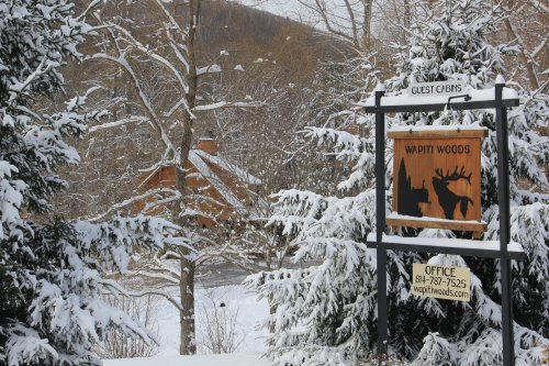 A snowy landscape featuring a sign for Wapit Woods guest cabins, surrounded by trees and a cozy cabin in the background.