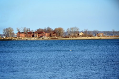 A distant view of a shoreline with abandoned buildings and bare trees against a clear blue sky and calm water.