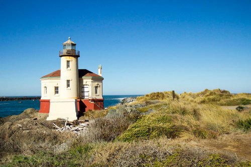 A charming lighthouse stands on rocky terrain by the sea, surrounded by tall grass under a clear blue sky.