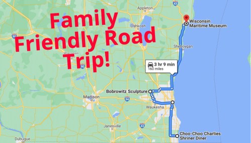Map showing a family-friendly road trip route to the Wisconsin Maritime Museum, highlighting key stops along the way.