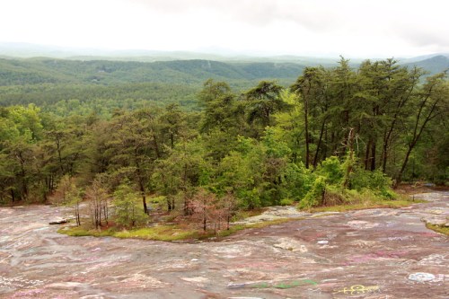 A rocky landscape with colorful graffiti, surrounded by lush green trees and distant mountains under a cloudy sky.