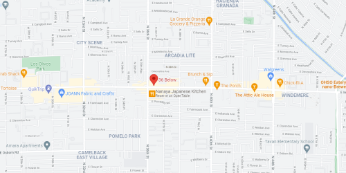 Map showing a section of a city with various businesses and streets, including 36 Below and Naranja Japanese Kitchen.