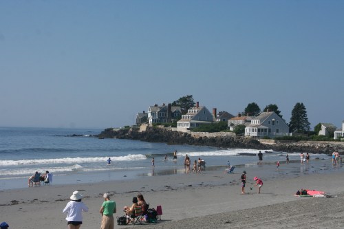 A sunny beach scene with people enjoying the water and sand, and houses lining the shore in the background.
