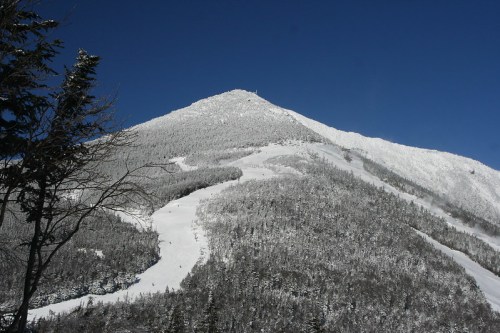 Snow-covered mountain peak under a clear blue sky, with ski trails visible on the slopes and trees in the foreground.